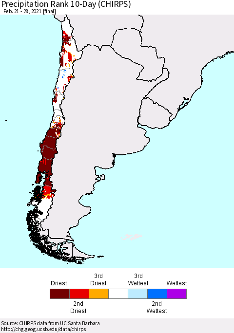 Chile Precipitation Rank since 1981, 10-Day (CHIRPS) Thematic Map For 2/21/2021 - 2/28/2021