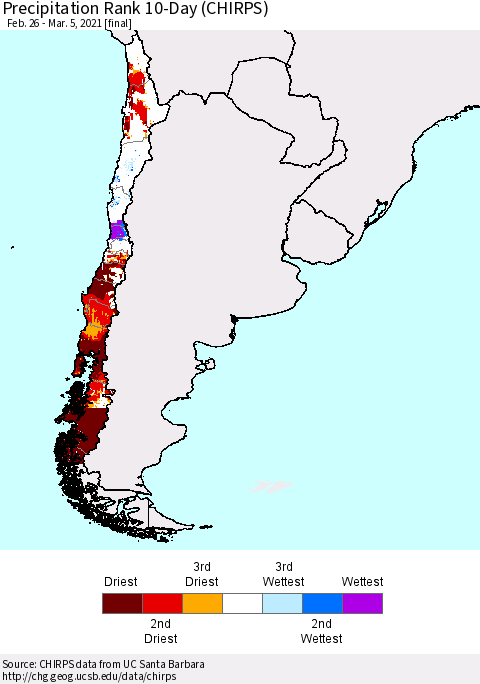Chile Precipitation Rank since 1981, 10-Day (CHIRPS) Thematic Map For 2/26/2021 - 3/5/2021