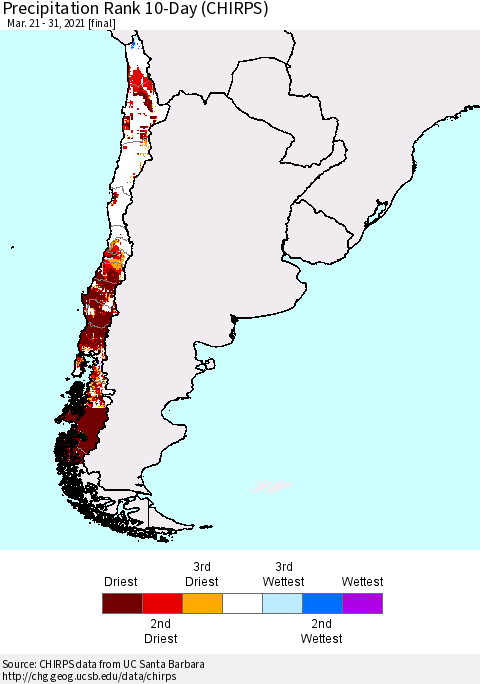 Chile Precipitation Rank since 1981, 10-Day (CHIRPS) Thematic Map For 3/21/2021 - 3/31/2021