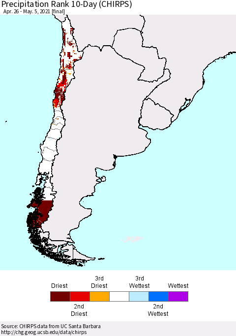 Chile Precipitation Rank 10-Day (CHIRPS) Thematic Map For 4/26/2021 - 5/5/2021