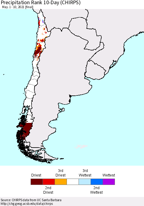 Chile Precipitation Rank since 1981, 10-Day (CHIRPS) Thematic Map For 5/1/2021 - 5/10/2021