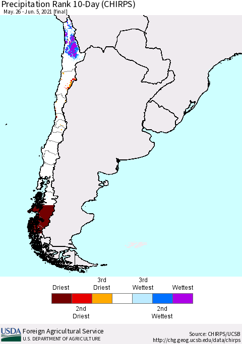 Chile Precipitation Rank since 1981, 10-Day (CHIRPS) Thematic Map For 5/26/2021 - 6/5/2021