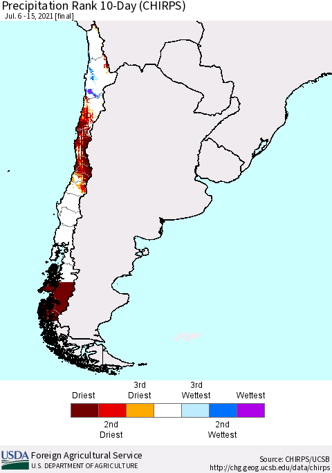 Chile Precipitation Rank 10-Day (CHIRPS) Thematic Map For 7/6/2021 - 7/15/2021
