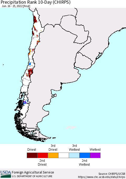 Chile Precipitation Rank since 1981, 10-Day (CHIRPS) Thematic Map For 1/16/2022 - 1/25/2022
