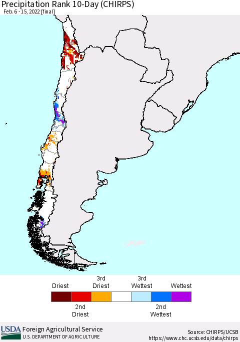 Chile Precipitation Rank 10-Day (CHIRPS) Thematic Map For 2/6/2022 - 2/15/2022