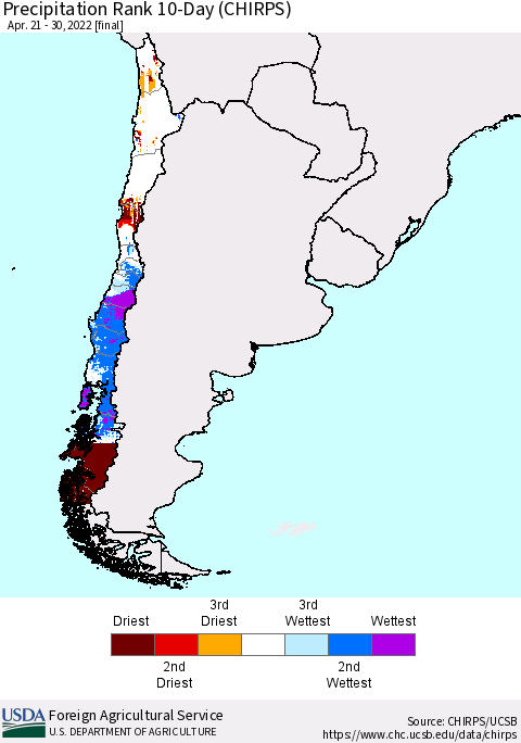 Chile Precipitation Rank 10-Day (CHIRPS) Thematic Map For 4/21/2022 - 4/30/2022