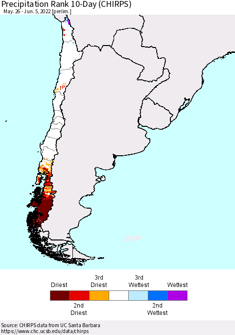 Chile Precipitation Rank 10-Day (CHIRPS) Thematic Map For 5/26/2022 - 6/5/2022