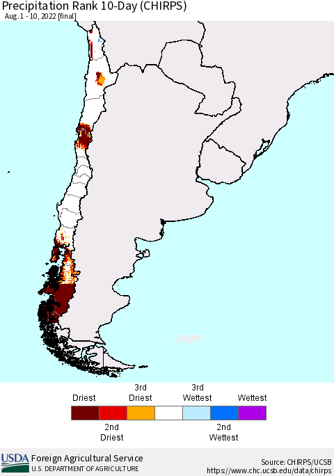 Chile Precipitation Rank 10-Day (CHIRPS) Thematic Map For 8/1/2022 - 8/10/2022
