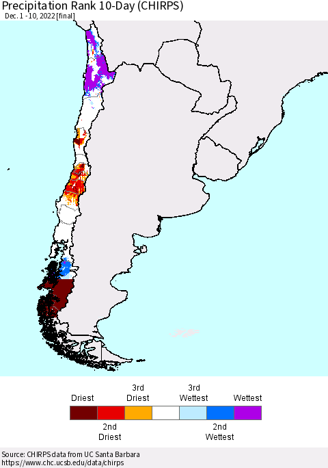 Chile Precipitation Rank 10-Day (CHIRPS) Thematic Map For 12/1/2022 - 12/10/2022