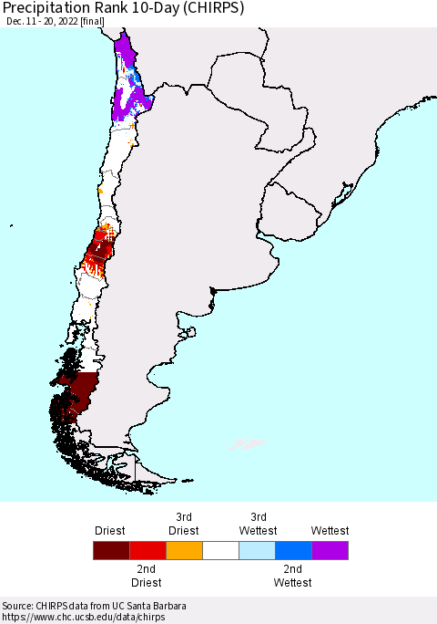 Chile Precipitation Rank since 1981, 10-Day (CHIRPS) Thematic Map For 12/11/2022 - 12/20/2022