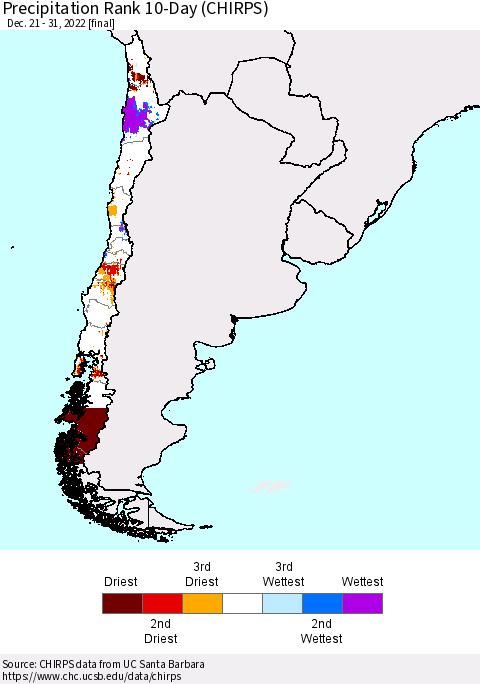 Chile Precipitation Rank 10-Day (CHIRPS) Thematic Map For 12/21/2022 - 12/31/2022