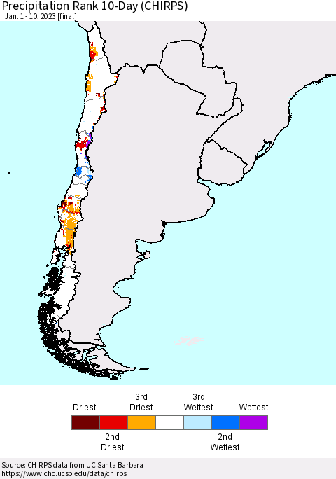 Chile Precipitation Rank 10-Day (CHIRPS) Thematic Map For 1/1/2023 - 1/10/2023