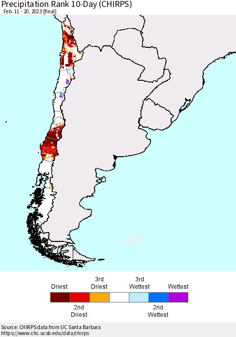 Chile Precipitation Rank 10-Day (CHIRPS) Thematic Map For 2/11/2023 - 2/20/2023