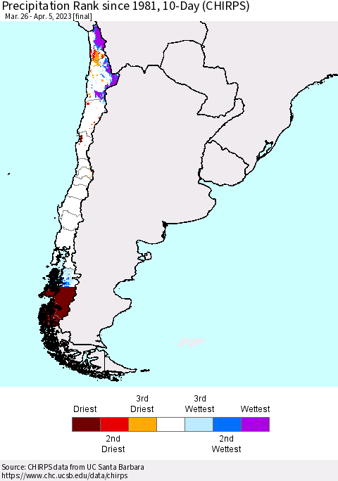 Chile Precipitation Rank since 1981, 10-Day (CHIRPS) Thematic Map For 3/26/2023 - 4/5/2023