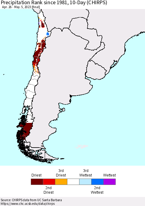 Chile Precipitation Rank since 1981, 10-Day (CHIRPS) Thematic Map For 4/26/2023 - 5/5/2023