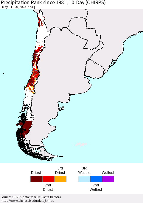 Chile Precipitation Rank since 1981, 10-Day (CHIRPS) Thematic Map For 5/11/2023 - 5/20/2023