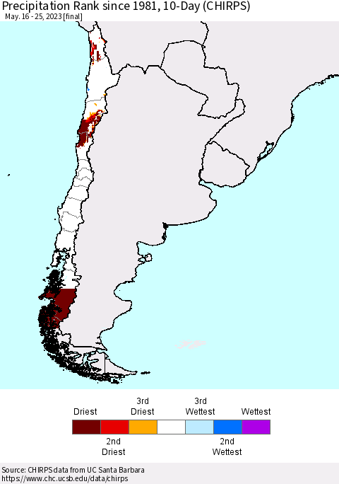 Chile Precipitation Rank since 1981, 10-Day (CHIRPS) Thematic Map For 5/16/2023 - 5/25/2023