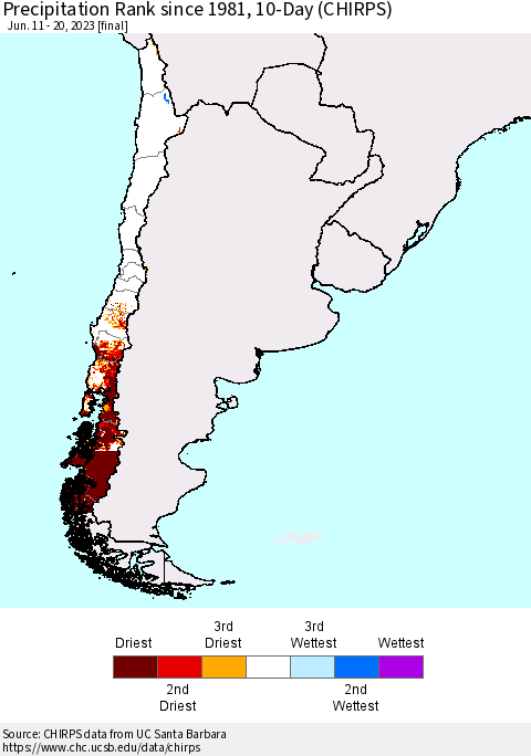 Chile Precipitation Rank since 1981, 10-Day (CHIRPS) Thematic Map For 6/11/2023 - 6/20/2023