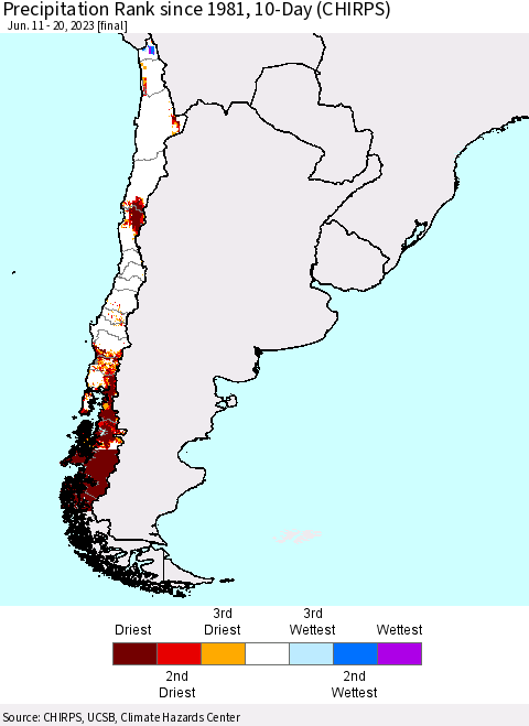 Chile Precipitation Rank since 1981, 10-Day (CHIRPS) Thematic Map For 6/11/2023 - 6/20/2023