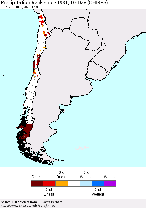 Chile Precipitation Rank since 1981, 10-Day (CHIRPS) Thematic Map For 6/26/2023 - 7/5/2023