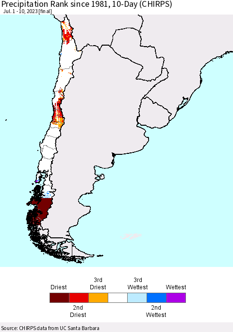 Chile Precipitation Rank since 1981, 10-Day (CHIRPS) Thematic Map For 7/1/2023 - 7/10/2023