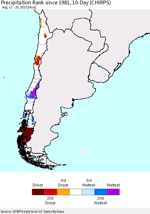 Chile Precipitation Rank since 1981, 10-Day (CHIRPS) Thematic Map For 8/11/2023 - 8/20/2023