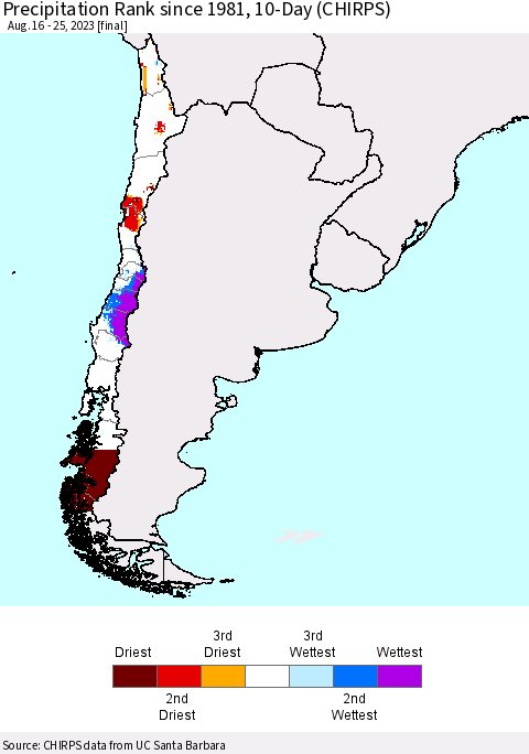 Chile Precipitation Rank since 1981, 10-Day (CHIRPS) Thematic Map For 8/16/2023 - 8/25/2023