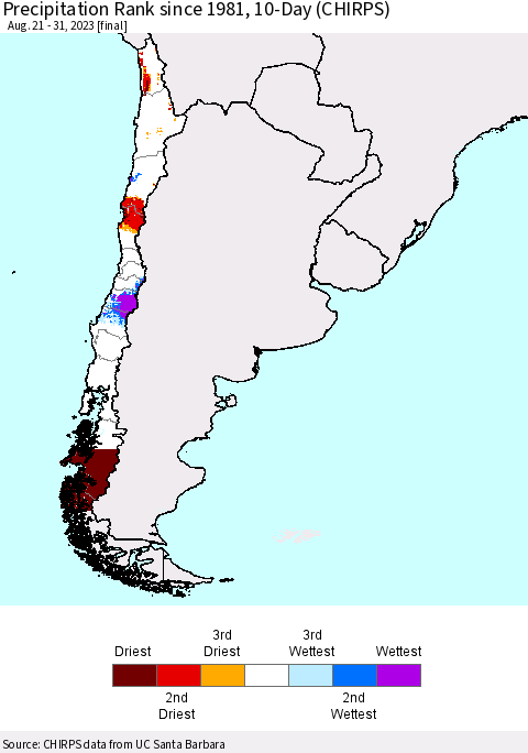 Chile Precipitation Rank since 1981, 10-Day (CHIRPS) Thematic Map For 8/21/2023 - 8/31/2023