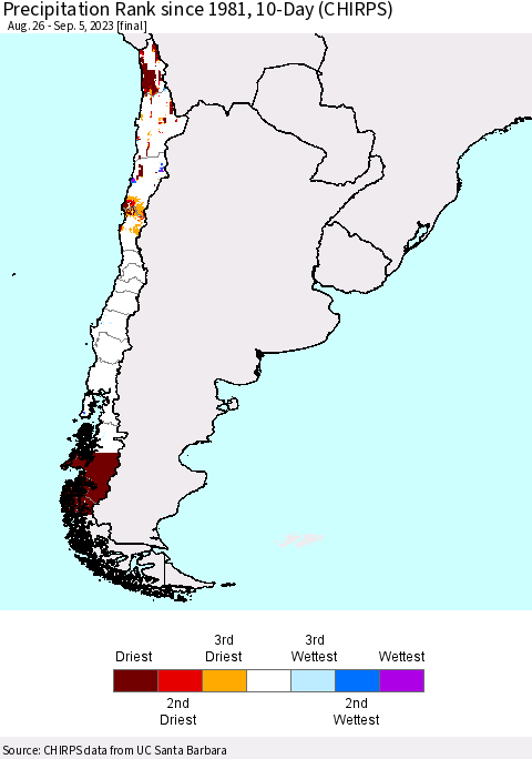 Chile Precipitation Rank since 1981, 10-Day (CHIRPS) Thematic Map For 8/26/2023 - 9/5/2023