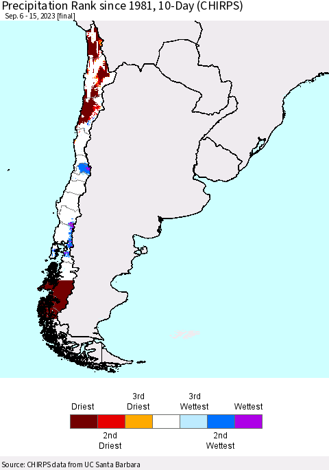 Chile Precipitation Rank since 1981, 10-Day (CHIRPS) Thematic Map For 9/6/2023 - 9/15/2023