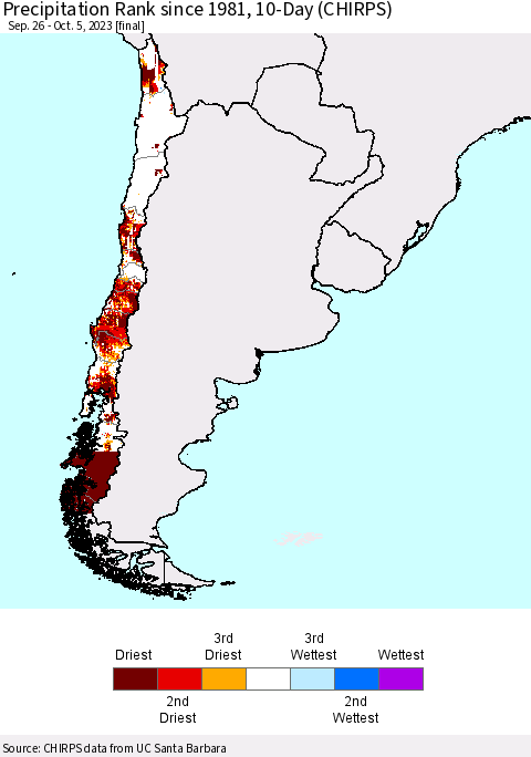 Chile Precipitation Rank since 1981, 10-Day (CHIRPS) Thematic Map For 9/26/2023 - 10/5/2023