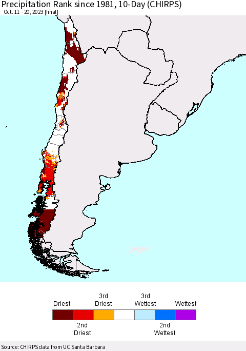 Chile Precipitation Rank since 1981, 10-Day (CHIRPS) Thematic Map For 10/11/2023 - 10/20/2023