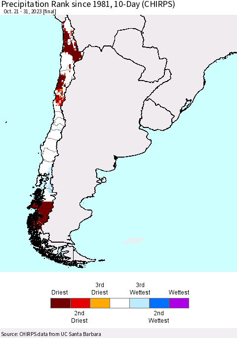 Chile Precipitation Rank since 1981, 10-Day (CHIRPS) Thematic Map For 10/21/2023 - 10/31/2023