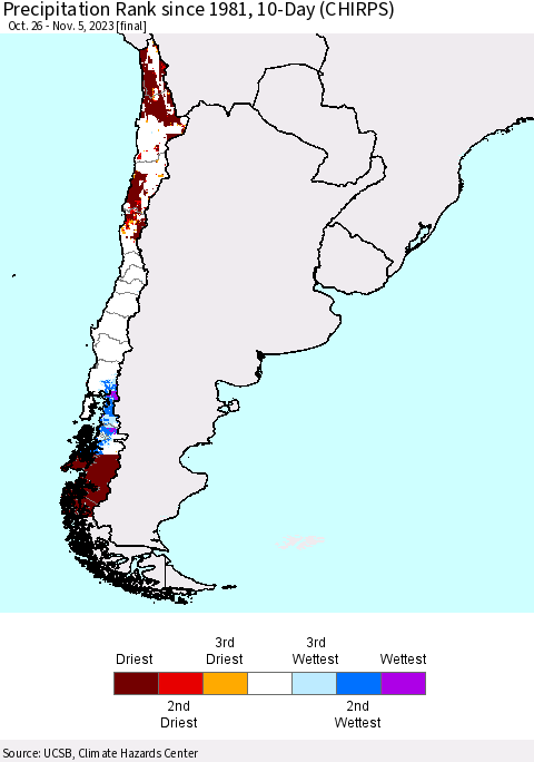 Chile Precipitation Rank since 1981, 10-Day (CHIRPS) Thematic Map For 10/26/2023 - 11/5/2023