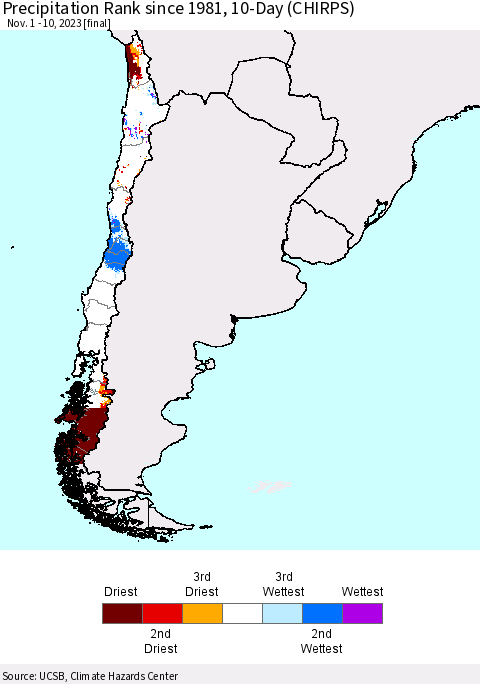 Chile Precipitation Rank since 1981, 10-Day (CHIRPS) Thematic Map For 11/1/2023 - 11/10/2023