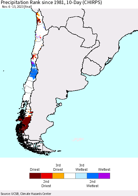 Chile Precipitation Rank since 1981, 10-Day (CHIRPS) Thematic Map For 11/6/2023 - 11/15/2023