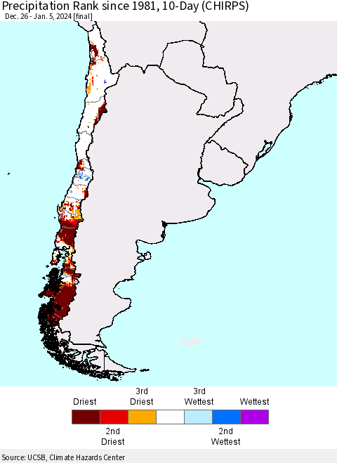 Chile Precipitation Rank since 1981, 10-Day (CHIRPS) Thematic Map For 12/26/2023 - 1/5/2024