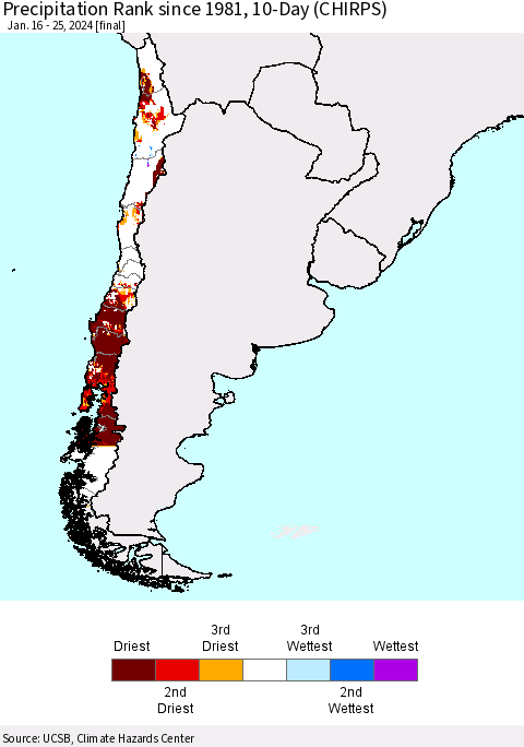 Chile Precipitation Rank since 1981, 10-Day (CHIRPS) Thematic Map For 1/16/2024 - 1/25/2024
