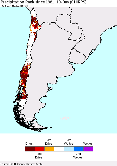 Chile Precipitation Rank since 1981, 10-Day (CHIRPS) Thematic Map For 1/21/2024 - 1/31/2024