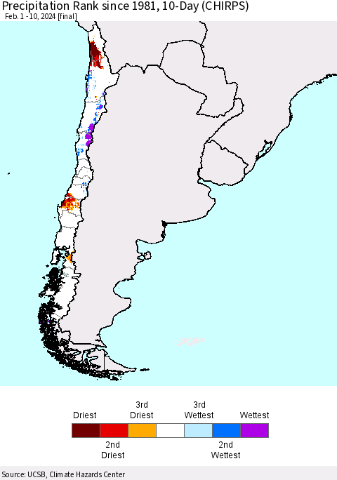 Chile Precipitation Rank since 1981, 10-Day (CHIRPS) Thematic Map For 2/1/2024 - 2/10/2024