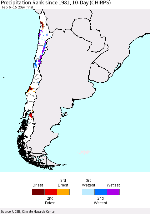 Chile Precipitation Rank since 1981, 10-Day (CHIRPS) Thematic Map For 2/6/2024 - 2/15/2024
