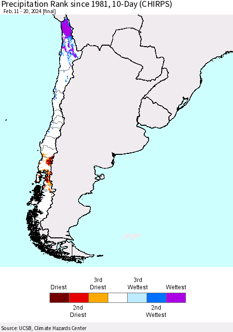 Chile Precipitation Rank since 1981, 10-Day (CHIRPS) Thematic Map For 2/11/2024 - 2/20/2024