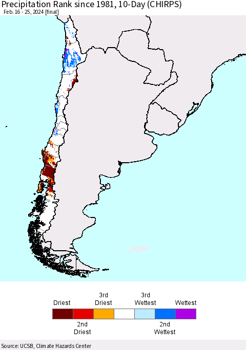 Chile Precipitation Rank since 1981, 10-Day (CHIRPS) Thematic Map For 2/16/2024 - 2/25/2024