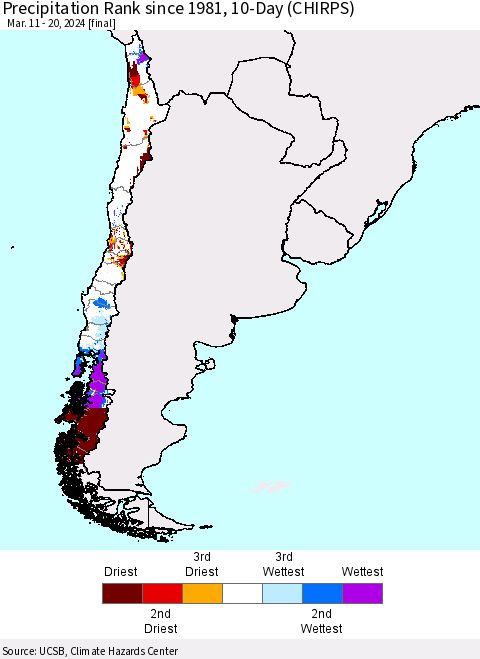 Chile Precipitation Rank since 1981, 10-Day (CHIRPS) Thematic Map For 3/11/2024 - 3/20/2024
