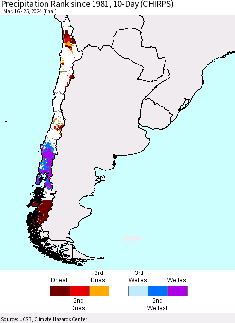 Chile Precipitation Rank since 1981, 10-Day (CHIRPS) Thematic Map For 3/16/2024 - 3/25/2024