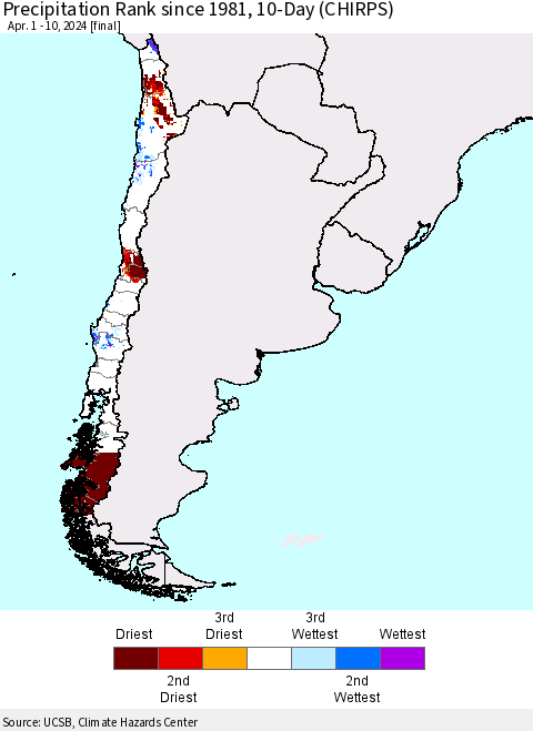 Chile Precipitation Rank since 1981, 10-Day (CHIRPS) Thematic Map For 4/1/2024 - 4/10/2024