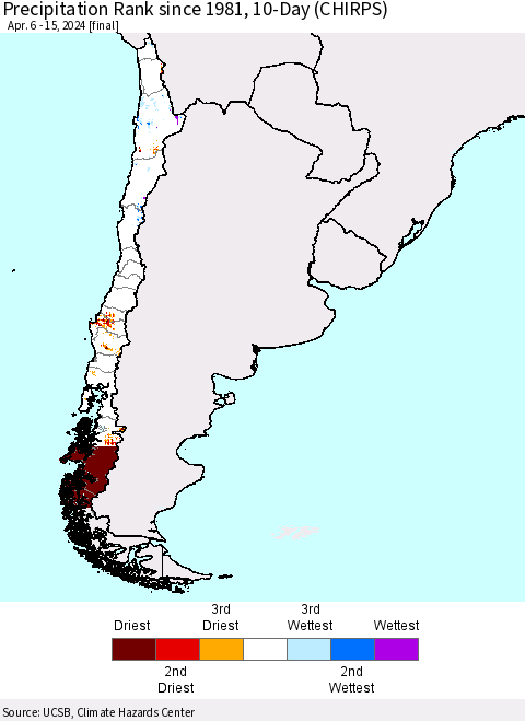 Chile Precipitation Rank since 1981, 10-Day (CHIRPS) Thematic Map For 4/6/2024 - 4/15/2024