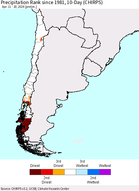 Chile Precipitation Rank since 1981, 10-Day (CHIRPS) Thematic Map For 4/11/2024 - 4/20/2024