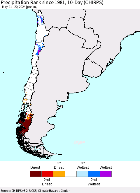 Chile Precipitation Rank since 1981, 10-Day (CHIRPS) Thematic Map For 5/11/2024 - 5/20/2024