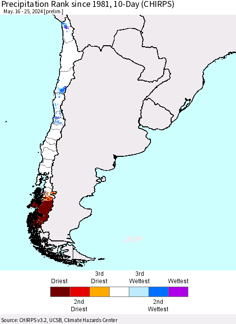 Chile Precipitation Rank since 1981, 10-Day (CHIRPS) Thematic Map For 5/16/2024 - 5/25/2024